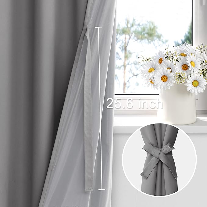 XWZO 100% Blackout Curtains with Tiebacks- Extra Wide Privacy Protection & Noise Blocking Window Draperies with Black Liner for Bedroom/Living Room, Rod Pocket, Grey, W70 x L84, Set of 2