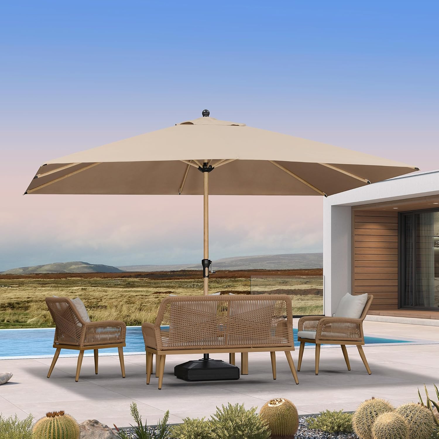 PURPLE LEAF 9' x 11.5' Patio Umbrella with Base Outdoor Umbrella Market Umbrella with Crank & 8 Ribs Aluminum Rectangular Table Umbrella Outdoor Patio for Backyard, Taupe