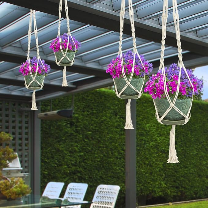 Sorbus Macrame Plant Hanger [4 Pack] Indoor Outdoor Hanging Plant Pots Cotton Rope, Elegant for Home, Patio, Garden White