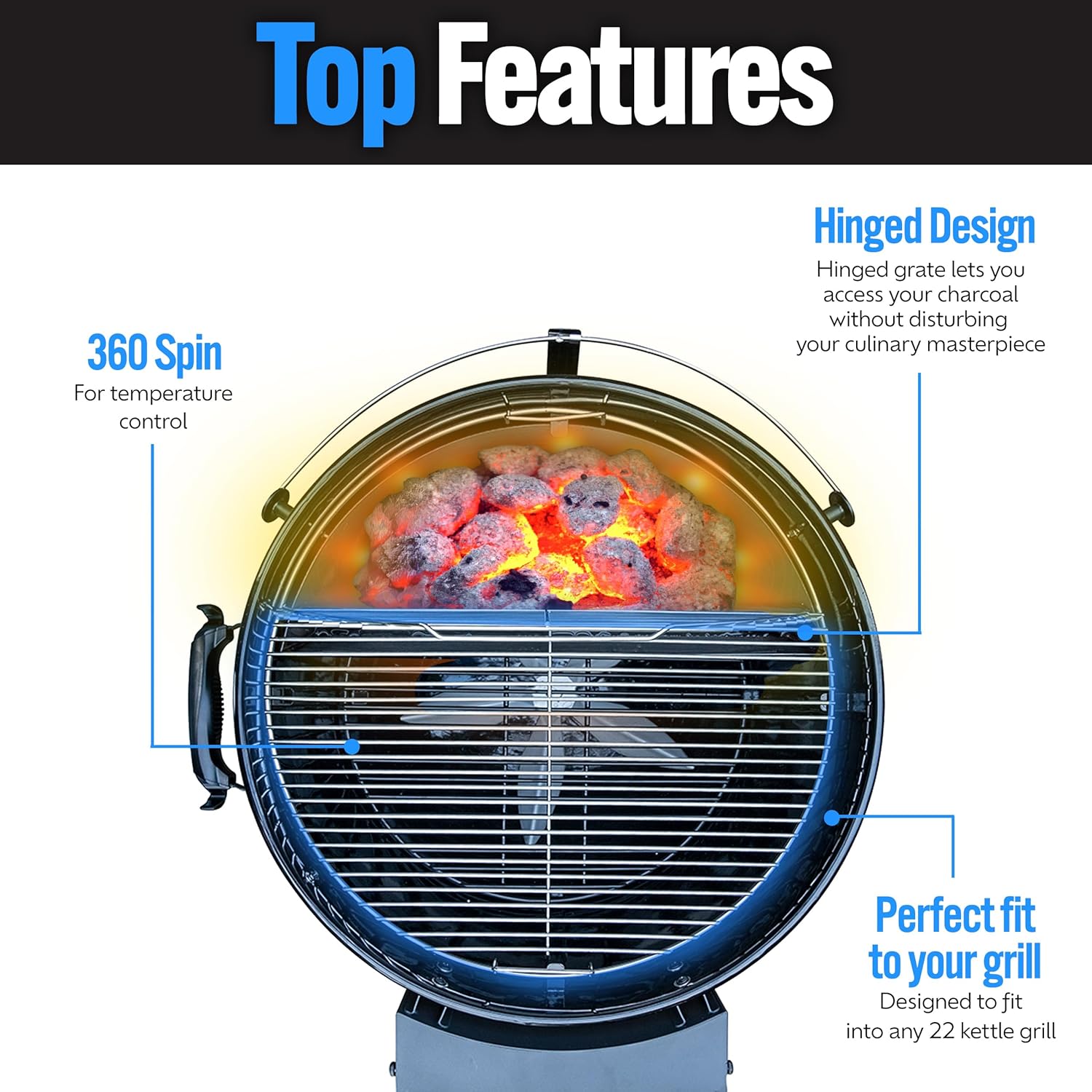 SnS Grills Slow ‘N Sear EasySpin Charcoal Grill Cooking Grate - Compatible with Weber and Other Grills, 2-Zone Stainless Steel Hinged Replacement - Tailgating & Backyard Cooking - 24” Inches