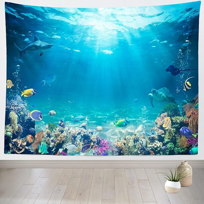 Loccor Underwater World Tapestry Large Blue Ocean Wall Hanging 105X70 Inches Under the Sea Coral Reef Wall Tapestry Tropical Fish Tank Undersea Tapestries Marine for Bedroom Living Room Dorm Decor