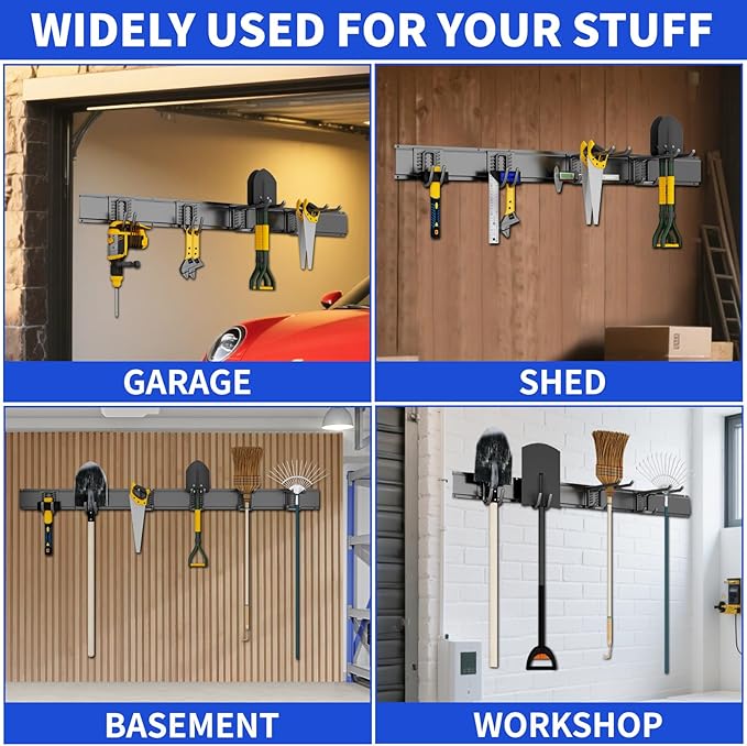 Garage Organization Tool Organizer Wall Mount, 32inch Heavy Duty Garden Tool organizer Storage System, Easy Install With 6 Adjustable Hooks, For Garage, Basement, Shed, Workshop(Black)