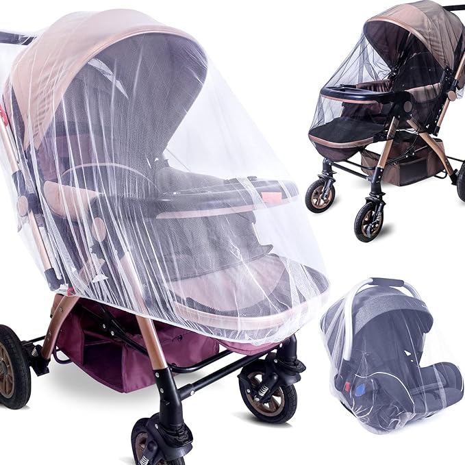 Durable Baby Stroller Mosquito Net (2 Pack) - Universal Elastic Edge Mesh Cover for Bassinets, Cradles, Playards, Car Seats & Mini Cribs | Breathable Travel Essential Newborn Protection (Black+White)