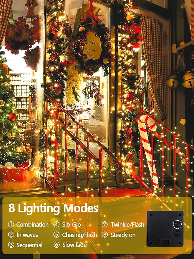 2 Pack 200 LED Solar String Lights for Outside, Solar Christmas Lights Outdoor Waterproof, Solar Outdoor String Light with 8 Lighting Modes for Xmas Tree Wedding Party Garden Decorations (Warm White)