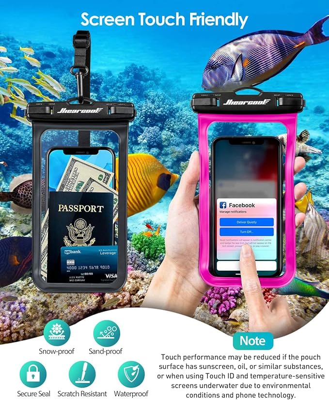 Hiearcool Waterproof Phone Pouch,Underwater Phone Cases Compatible for iPhone 17 16 15 14 13 Pro Max,Waterproof Dry Bag for Cruise Travel Essentials Phone Water Protector Pouch-Black&Bright Red-2Pack