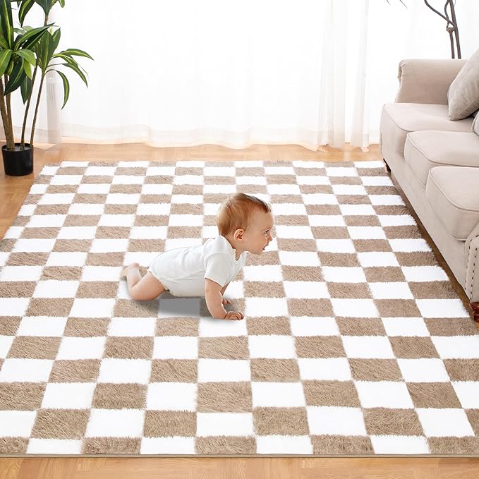 Super Soft Rug for Bedroom, 6x9 Ft Beige and White Area Rug Classic Checkered Shaggy Anti-Skid High Pile Soft Fluffy Rug Fuzzy Carpet for Living Room Bedroom Kids Room Nursery, Dorm Home Decor