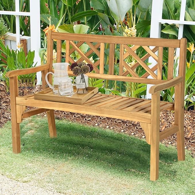 Giantex 4 Ft Foldable Outdoor Bench, Acacia Wood Outside Loveseat with Curved Backrest and Armrest, 705Lbs Weight Capacity, Garden Bench for Patio, Park, Porch, Balcony