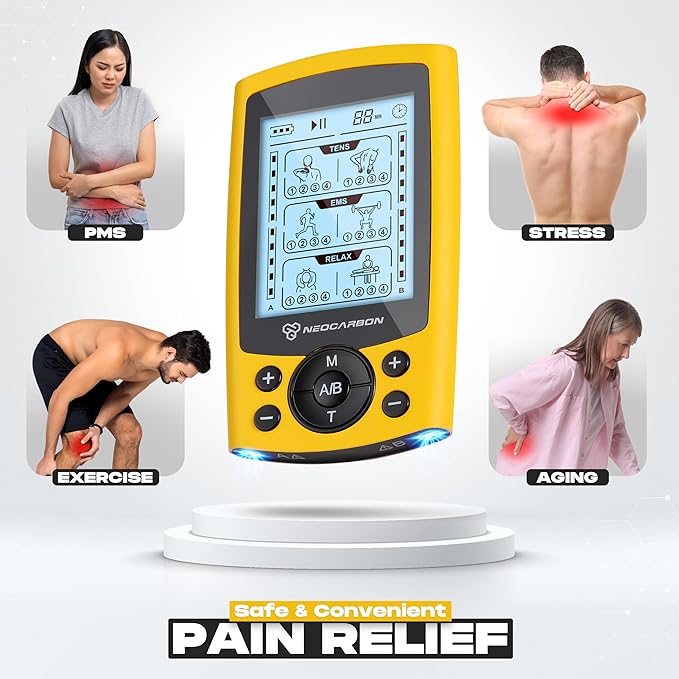 TENS Unit Muscle Stimulator, Electronic PMS Pulse Massager Machine for Shock Physical Therapy, Back Pain Relief, Shoulder Recovery, Yellow