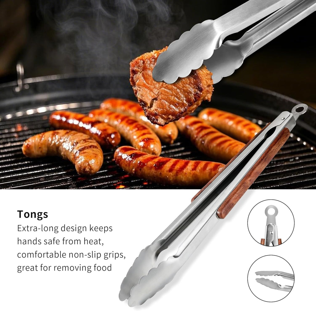 FJNATINH Heavy-Duty Grilling Accessories Rose Wooden BBQ Grilling Tools Set,Outdoor Grill Set with Spatula, Fork, Brush & Tongs,Essential Accessories for Barbecue & Grill. Ideal Gift for Men