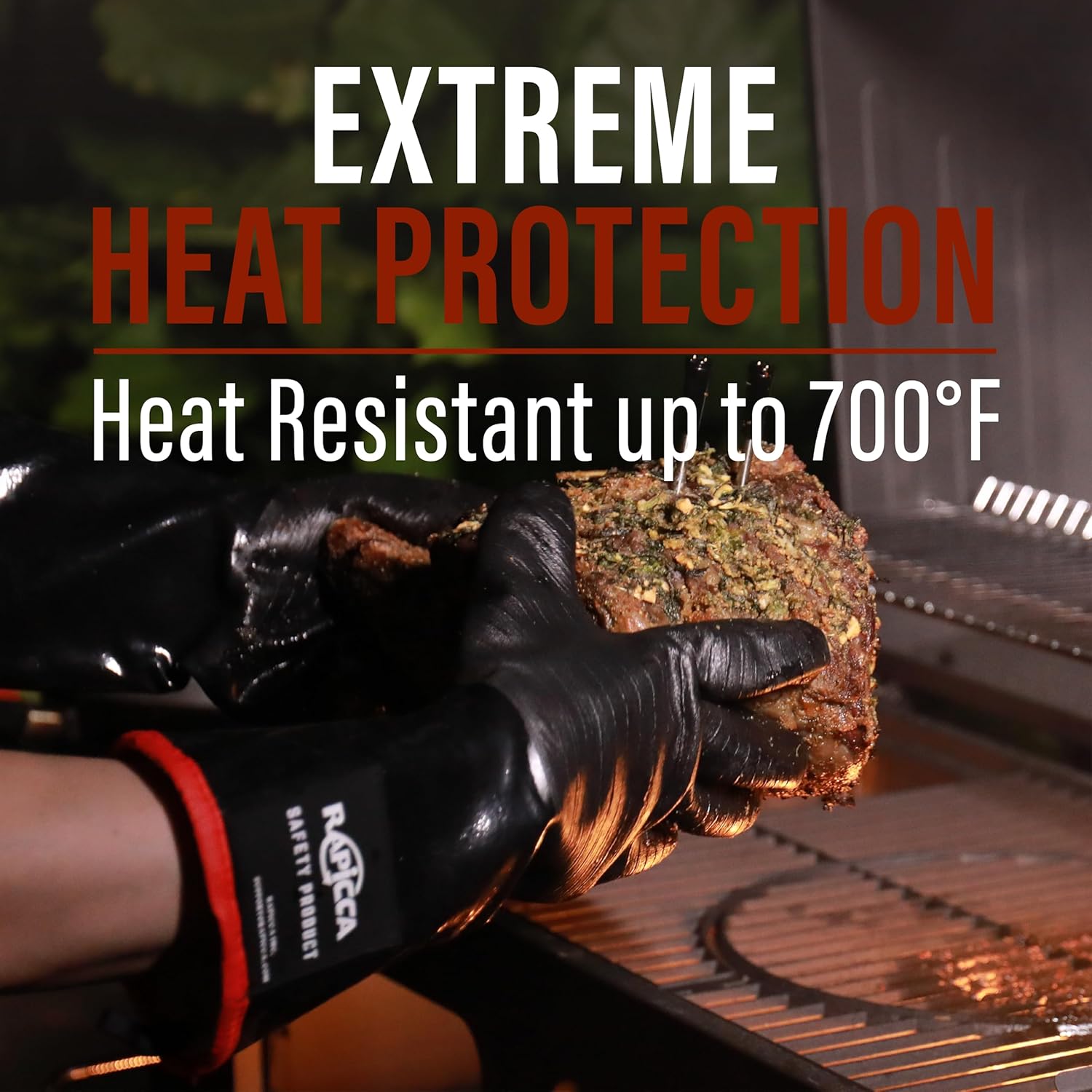 RAPICCA 700°F Heat Resistant BBQ Grill Gloves: Oil Resistant Waterproof for Smoking Grilling Cooking Barbecue Deep Frying Turkey Rotisserie Handling Hot Greacy Meat Stocking Stuffers - Long Sleeve