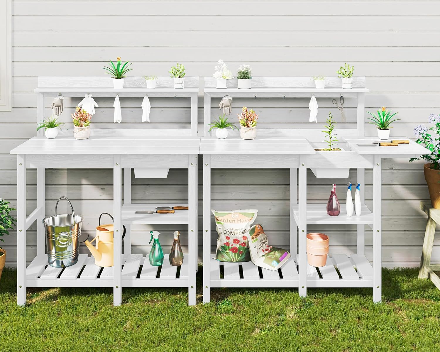 SERWALL Potting Table Set of 2 for Outside All Weather Use- White
