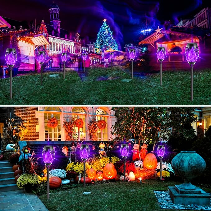 12-Pack Solar Lights Outdoor Waterproof,Halloween Decorations Solar Tiki Torches with Flickering Flame (Upgraded Super Bright),Halloween Solar Lights for Outside Patio Yard Porch Garden Decor （Purple）