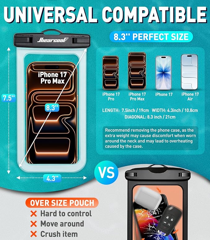 Hiearcool Waterproof Phone Pouch, Waterproof Phone Case, IPX8 Cellphone Dry Bag Compatible for iPhone 17 16 15 14 13 Pro Max Plus Cellphone Up to 8.3", Beach Essentials for Travel-Clear-4Pack