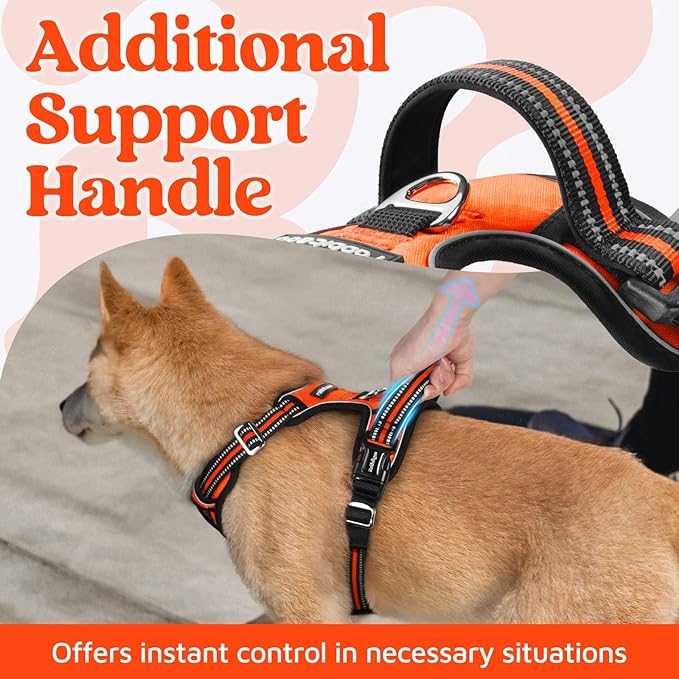 rabbitgoo Dog Harness for Large Dogs, No Pull Pet Vest with 3 Buckles, Adjustable Soft Padded Pet Harness with Easy Control Handle and Reflective Strips, Orange, L
