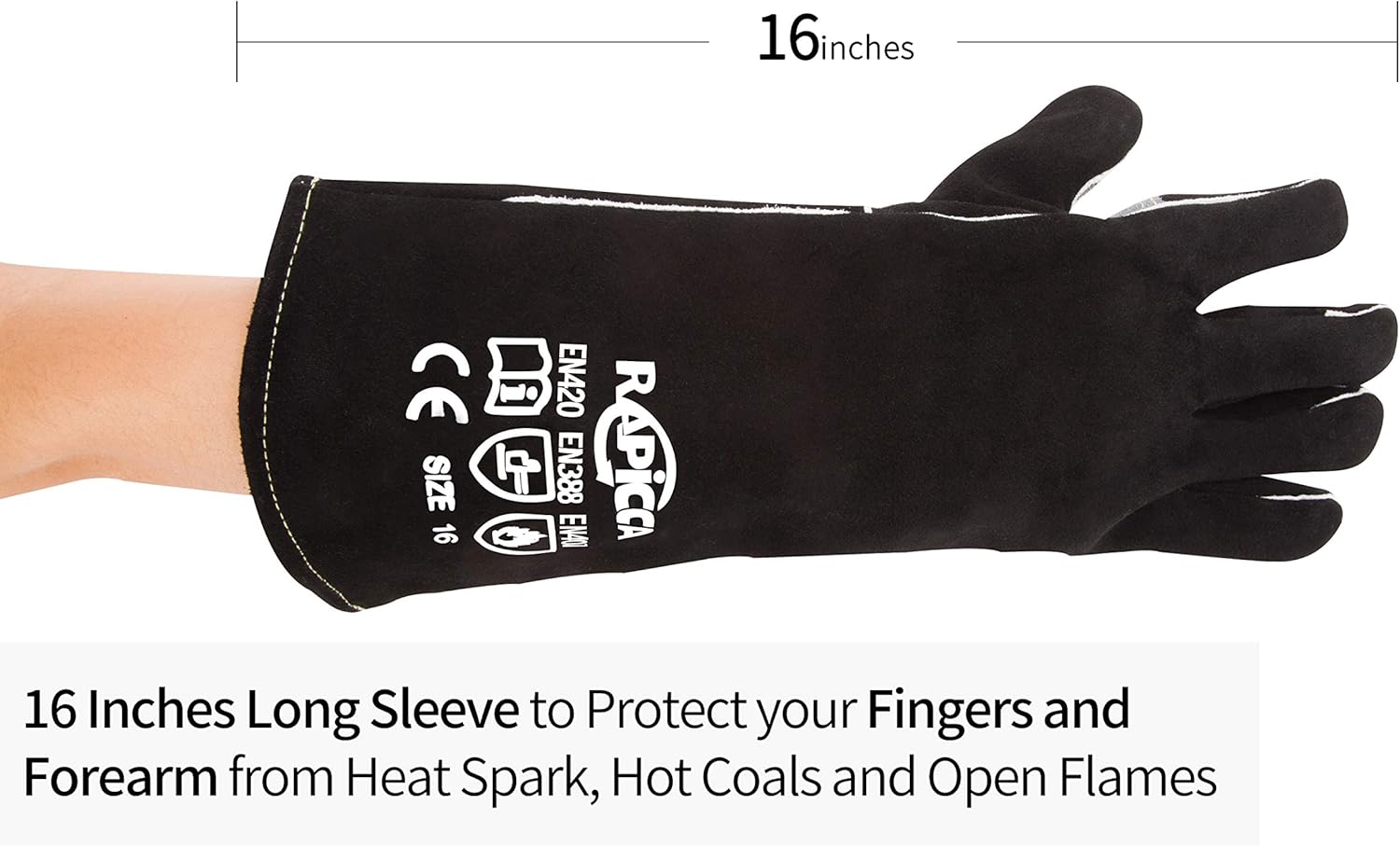 RAPICCA Welding Gloves Fire Heat Resistant: Black 16IN - Fireproof Leather For Stick Mig Flux-Core Welder Forge Blacksmith Fireplace Wood Stove Fire Pit Furnace Handling Dry ice - One Size 662℉