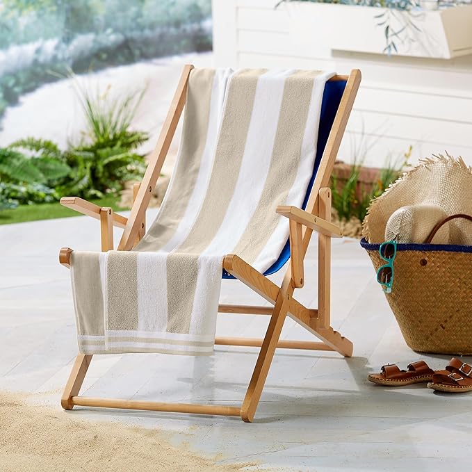 Great Bay Home 100% Cotton Velour 4 Pack Beach Towels 30" x 60" - Taupe Cabana Stripe Pool Towels - Quick Dry, Large Swim Towels
