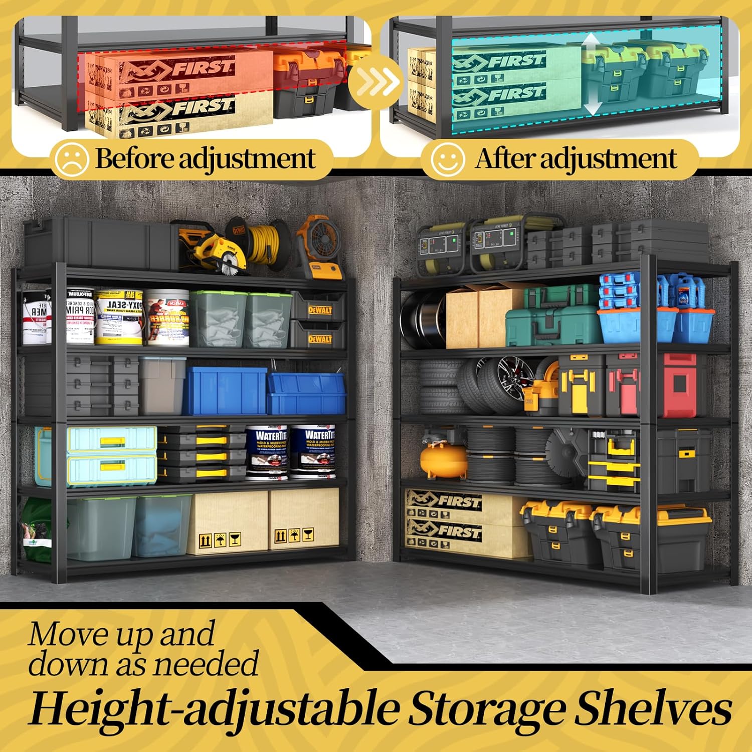 47.8" W Heavy Duty Garage Shelving 3000LBS Storage Shelves, Adjustable 5-Tier Storage Rack, Metal Shelves for Garage/Warehouse/Basement, 47.8" W x 19.8" D x 72" H, 4 Pack