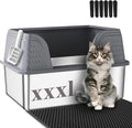 Suhaco Extra Large Stainless Steel Litter Box with Lid XXXL High Sided Cat Litter Boxes Included Litter Mat & Litter Scoop Anti-Urine Leakage Metal Pet Toilet for Big Cats (Grey XXXL)