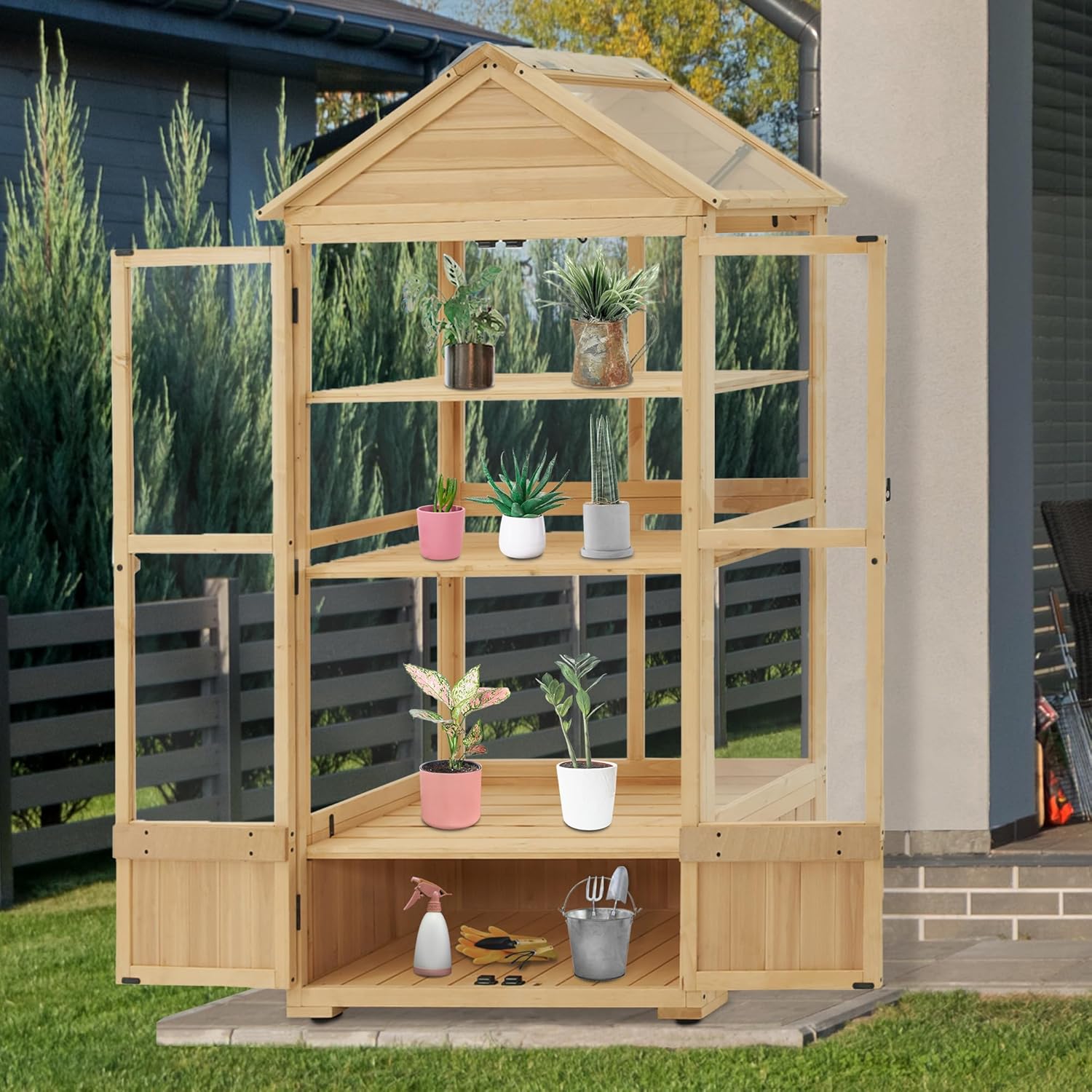 Macrout 3-Tier Solid Wood Cold Frame Greenhouse Cabinet Adjustable Shelves, Dual-Use Insulated Shed for Outdoor Garden & Indoor Balcony Planting, 0847