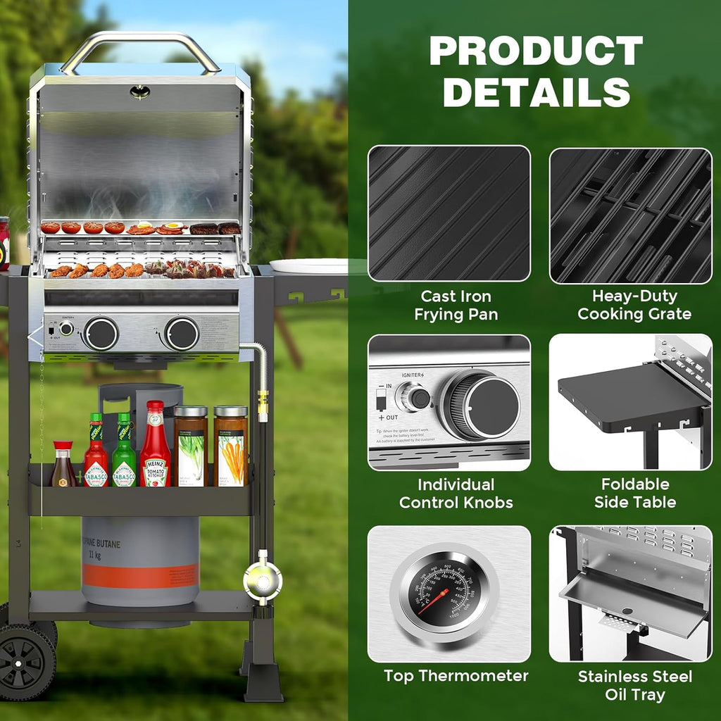 COWSAR 2-Burner Propane Gas Grill with Folding Side Tables,Stainless Steel 16,000 BTU BBQ Grill,Outdoor Grill for Barbecue,Patio,Camping