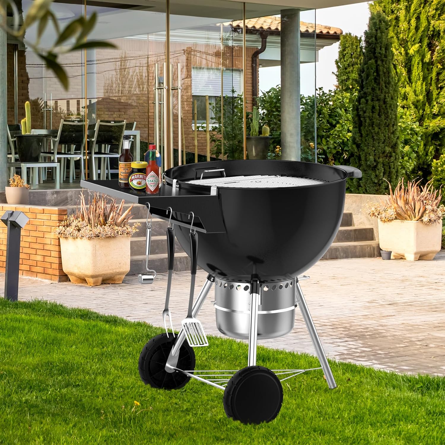 Charkettle Grill Table Shelf Compatible with Weber 22 Inches Kettle Grills, Outdoor Charcoal Grill Side Table BBQ Accessories with Hooks