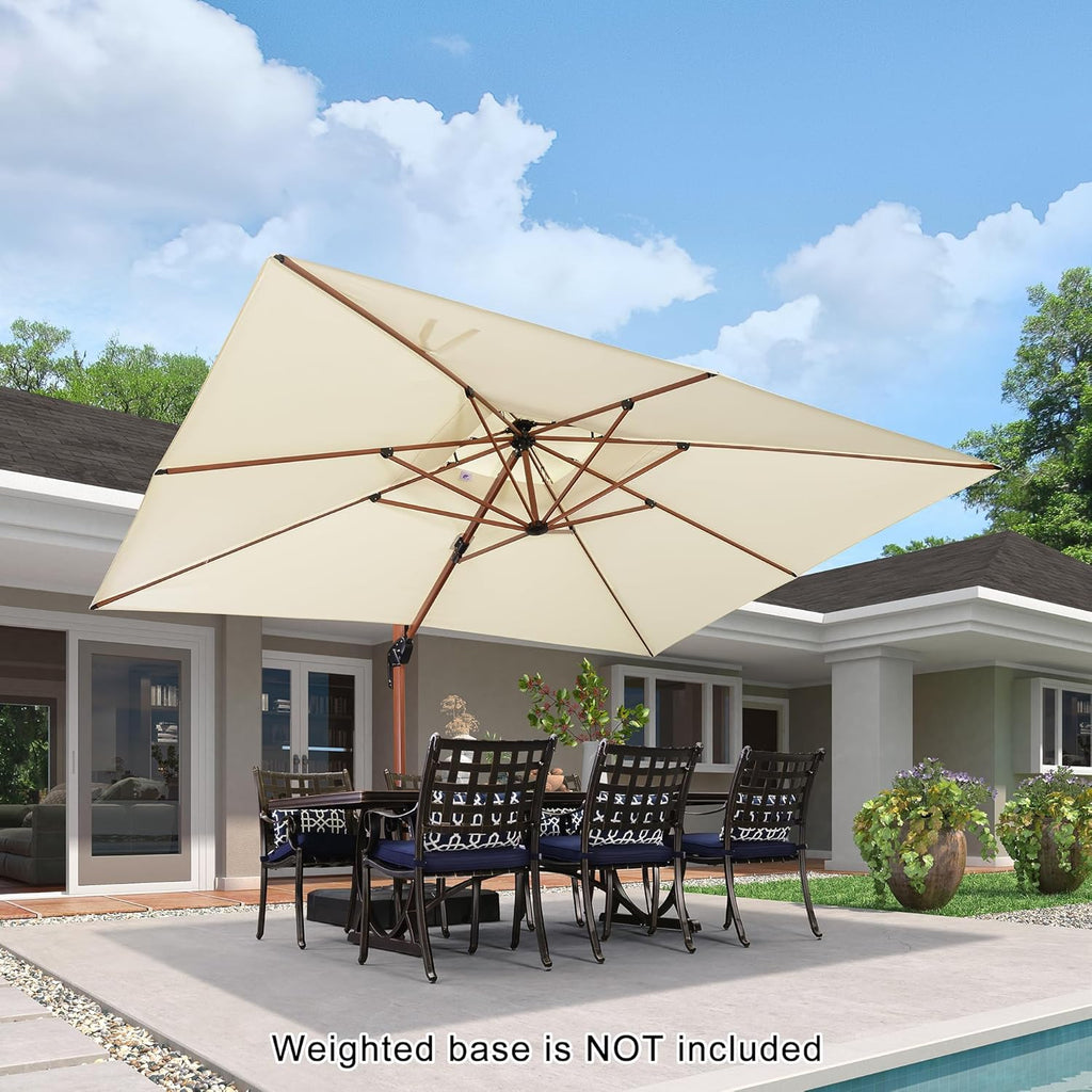 PURPLE LEAF 10' X 13' Double Top Deluxe Wood Pattern Rectangle Patio Umbrella Offset Hanging Umbrella Outdoor Market Umbrella Garden Umbrella, Cream