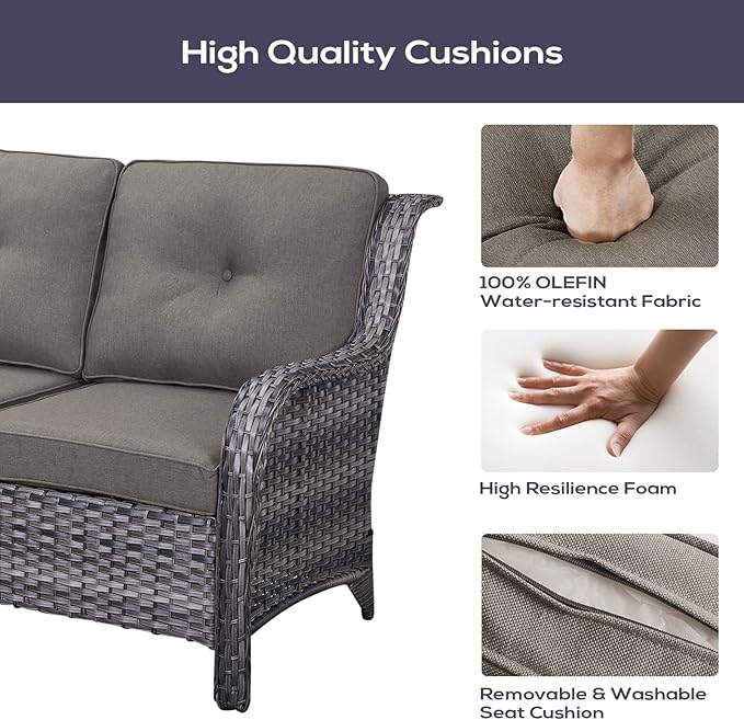 Outdoor Sectional Furniture Sofa Set with Propane Fire Pit Table, Wicker Patio Conversation Set with 2 Swivel Rocker Glider Chairs Grey Cushion Perfect for Backyard Casual Gathering