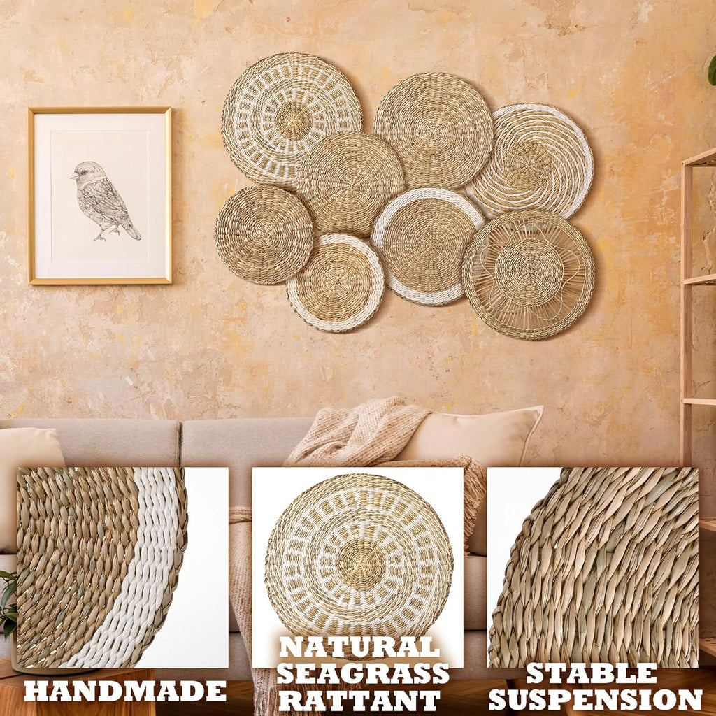 Xuhal Set of 8 Hanging Woven Wall Basket Handmade Decorative Rustic Boho Basket Decor Handcrafted Wicker Round Seagrass Wall Art for Home Kitchen Farmhouse Table Living Room