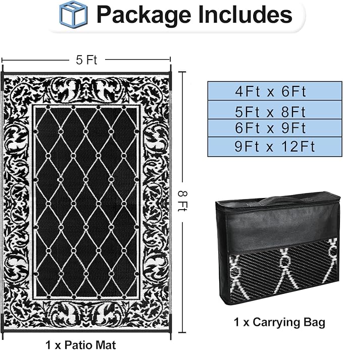 OutdoorLines Indoor Outdoor Rugs for Patio 5x8 ft - Reversible Outside Carpet, Stain & UV Resistant Portable RV Mats, Plastic Straw Rug for Camping, Pool Deck, Porch Rhombus Black & White