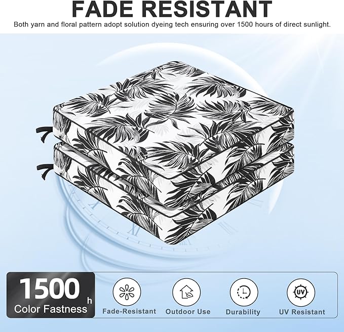Favoyard Outdoor Chair Cushion 22 x 22 x 3 In Waterproof Pattern Fade Resistant Cushions for Patio Furniture with Removable Cover Attach Straps 28D Foam Insert Cushions Pads for Seat Sofa Couch 2 Pack