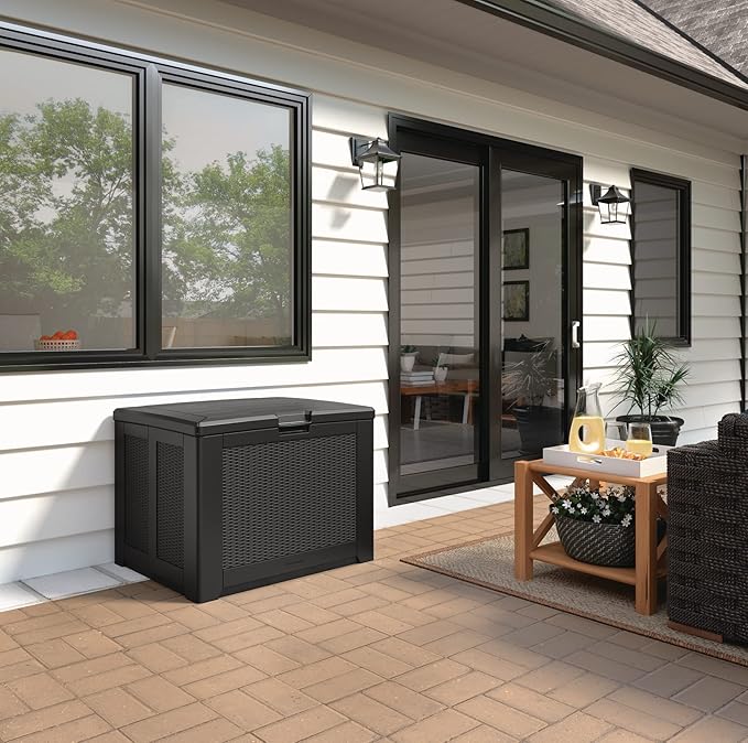 Rubbermaid Medium Resin Outdoor Storage Deck Box (74 Gal), Weather Resistant, Black, Deck Organization for Home/Backyard/Pool Chemicals/Toys/Garden Tools/Porch/Patio Cushions