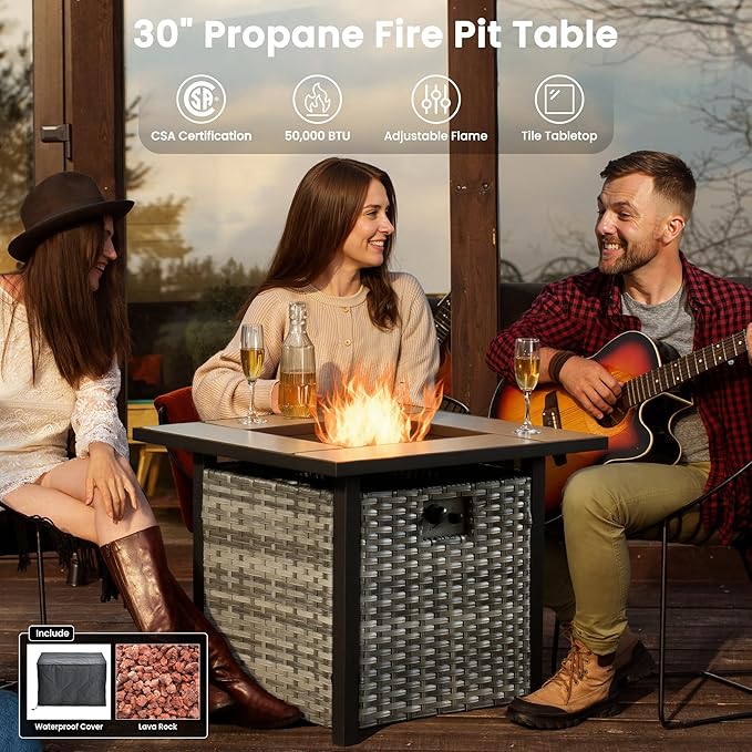 ovios 6 Pieces Patio Furniture Set with 30" Fire Pit Table, Outdoor Wicker Sofa with Comfy Cushions, All Weather High Back Rattan Couch Conversation Set, Grey