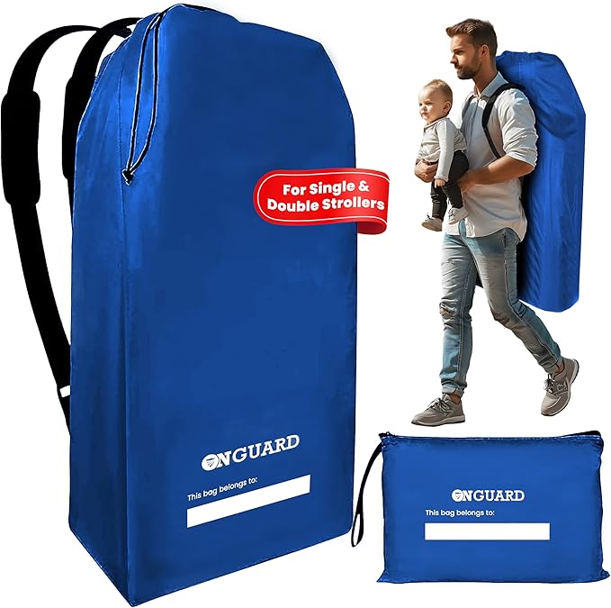 ONGUARD Waterproof Single and Double Stroller Bag for Airplane - Travel Stroller Cover for Air Travel and Storage - Gate Check Bag Backpack- Baby Airplane Essentials - Blue
