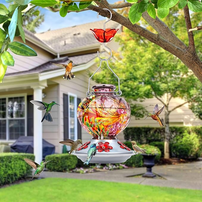 BOLITE Hummingbird Feeder, Hand Blown Glass Hummingbird Feeders for Outdoors Hanging, with Ant Moat and 5 Feeding Ports, 22 Ounces, Peony Flower Shape, Purple, Gifts for Women Men, Gifts for Mom Dad