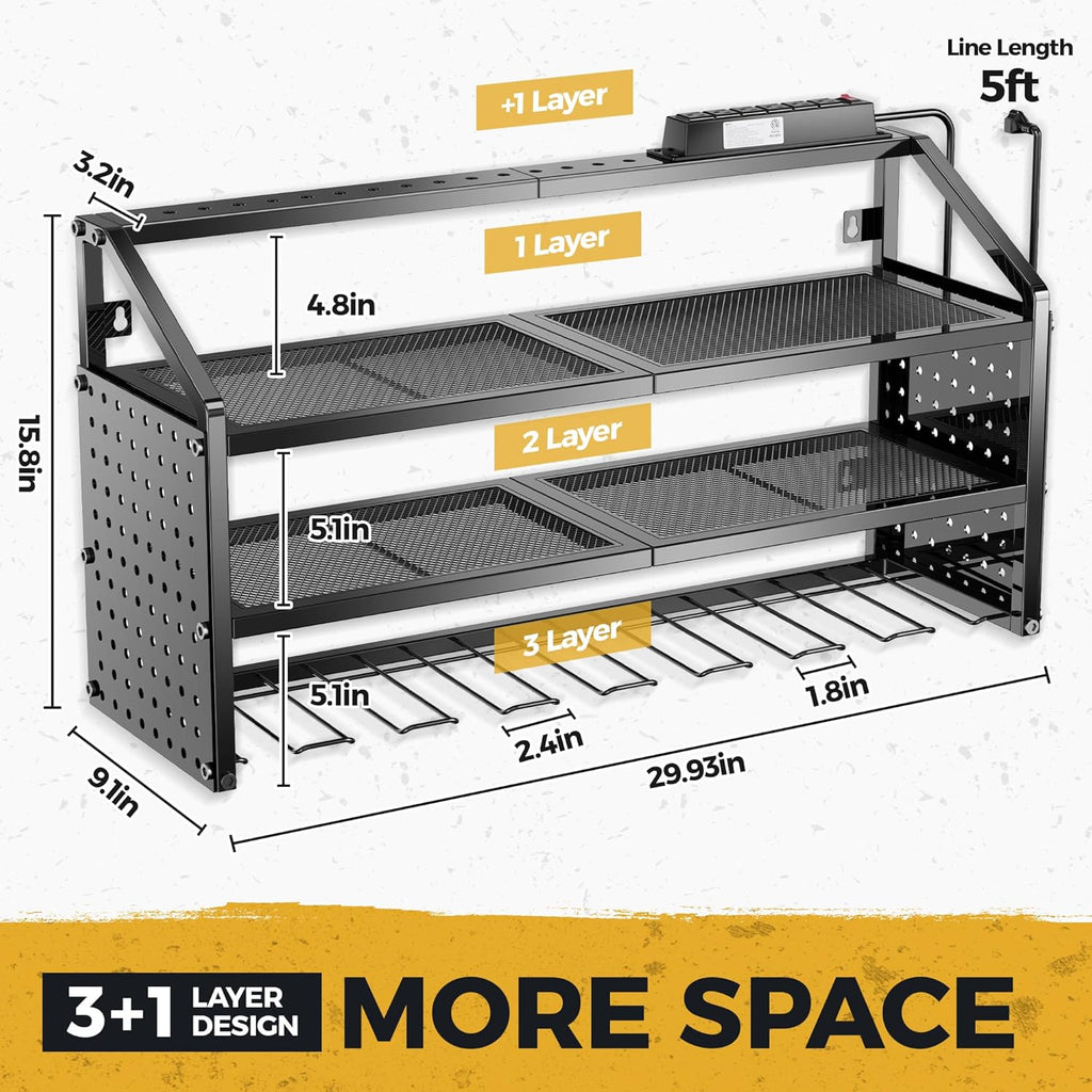 LBT Large Power Tool Organizer Wall Mount with Charging Station, 8 Drill Holder, 4 Layer Heavy Duty Metal Tool Storage Rack, 6 Power Strip, 8 Hooks, 2 Screw Boxes, Cool Gifts for Him Fathers Day