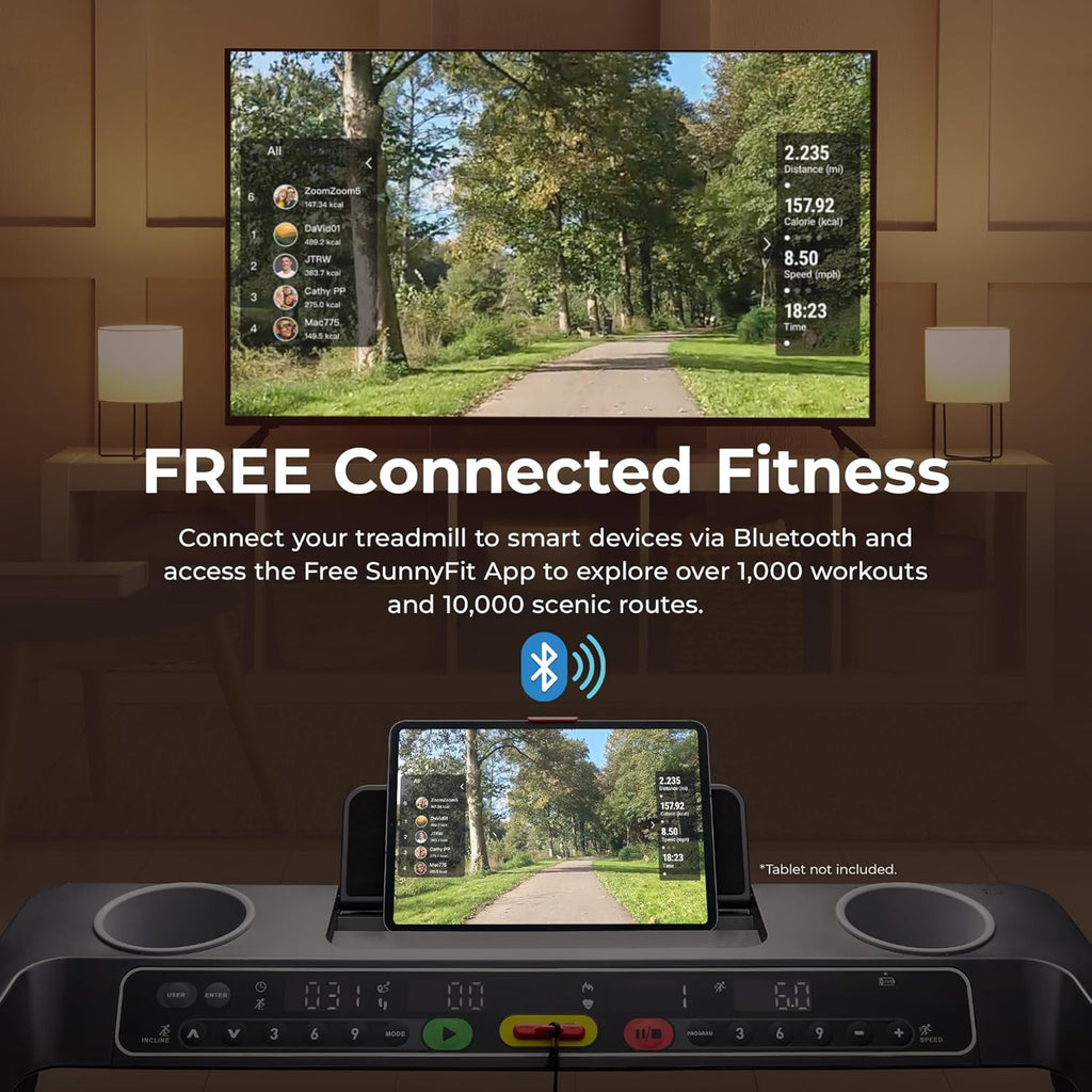 Premium Foldable Treadmill for Home, Running or Walking with Auto Incline, Shock Absorption, Digital Display, Optional 20” Running Deck, Free SunnyFit App Bluetooth Connection