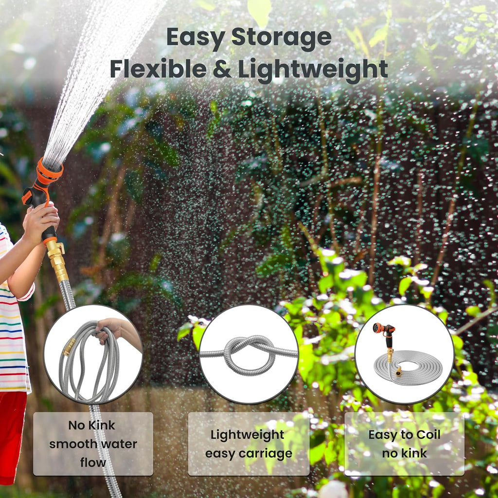 Giraffe Tools Garden Hose 50ft x 5/8", 304 Stainless Steel Metal Water Hose, No Kink Garden Water Hose with 9 Pattern Spray Nozzle, Flexible, Lightweight, Kink Free Hose for Yard, Outdoor