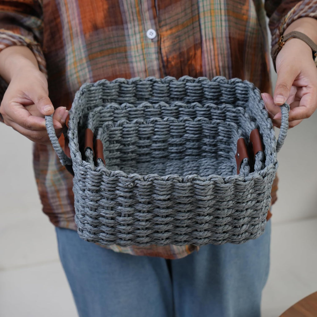 Small baskets for Organizing,Cute woven Storage basket with recycled paper rope for Shelves Bathroom,Little decorative basket,Set of 3 (Dark Grey)