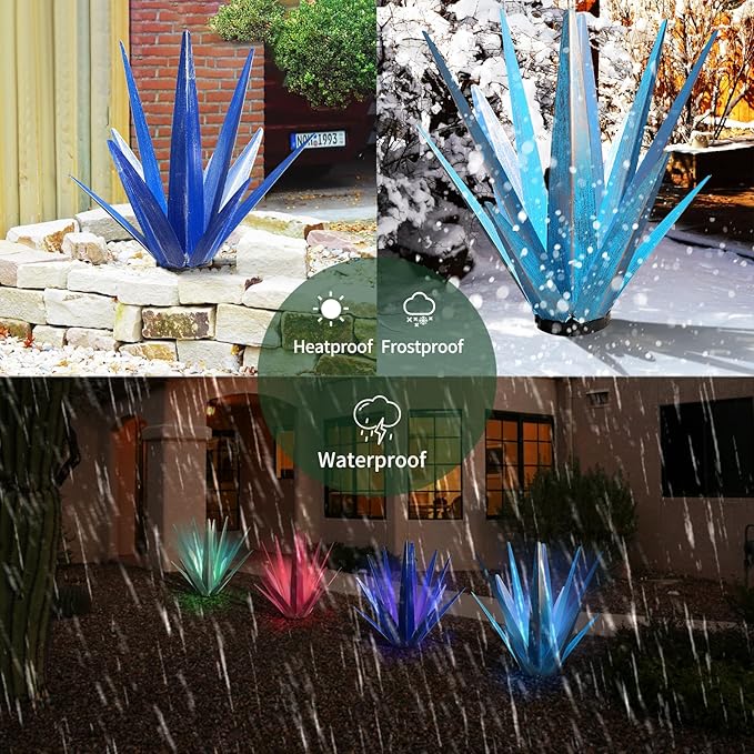 Large Tequila Rustic Sculpture, Rustic Metal Agave Plants for Outdoor Patio Yard, Home Decor Hand Painted Metal Agave Garden Yard Statue, Outdoor Lawn Ornaments (Sky Blue - L(W/Solar Light))