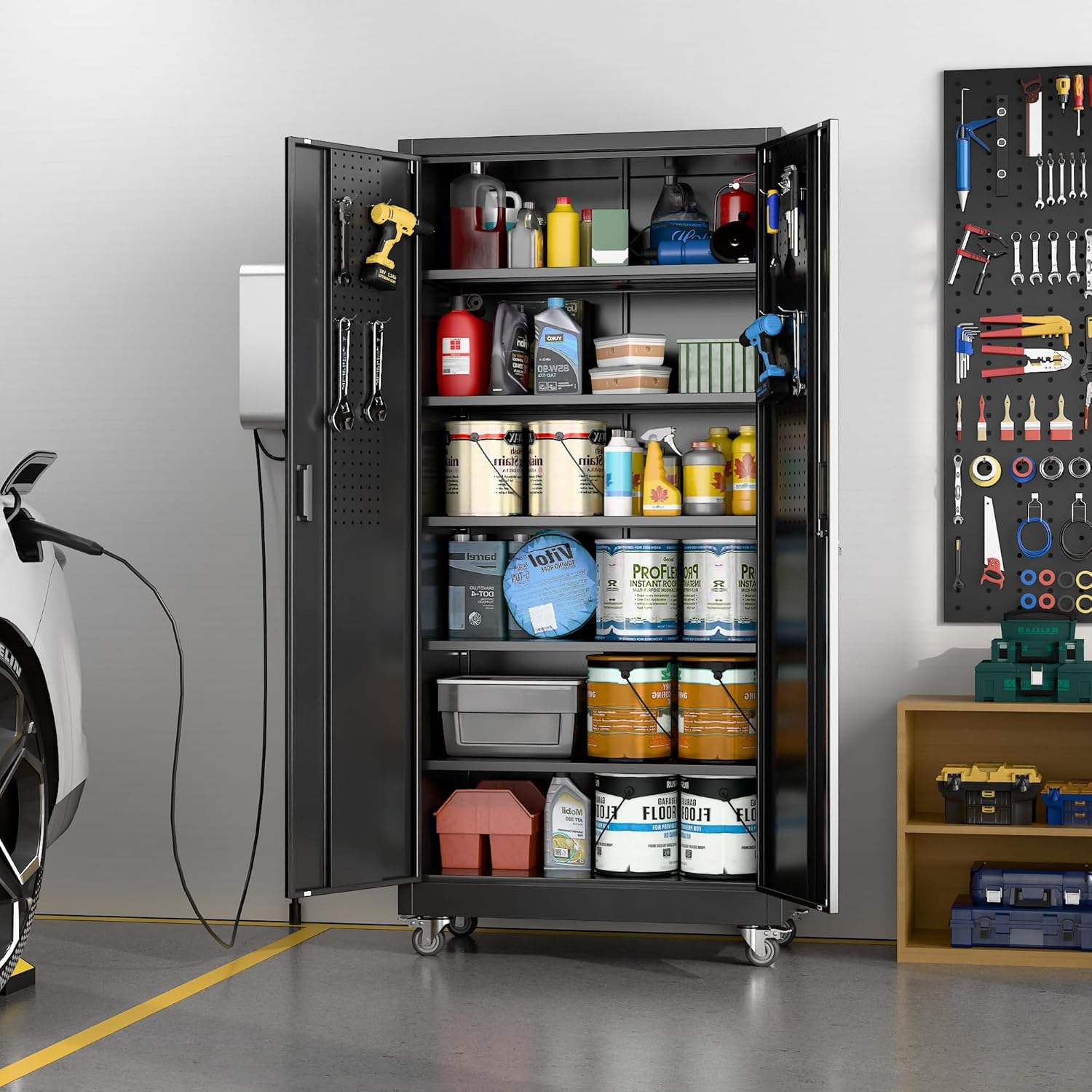 Aobabo 71" H×34" W×18" D Metal Storage Cabinet with Wheels, Locking Steel Storage Cabinet with 4 Hooks, 5 Shelves for Garage, Home Office, School, Assembly Required, Black