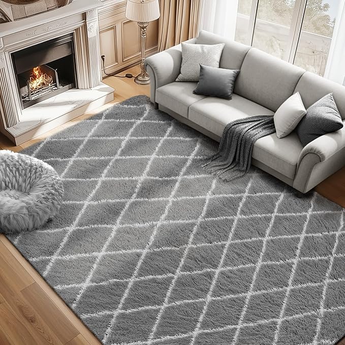 Fluffy Rug for Bedroom, 5X7Feet Stripe Checkered Rug Anti-Skid High Pile for Living Room Bedroom Kids Room Nursery, Dorm Home Decor