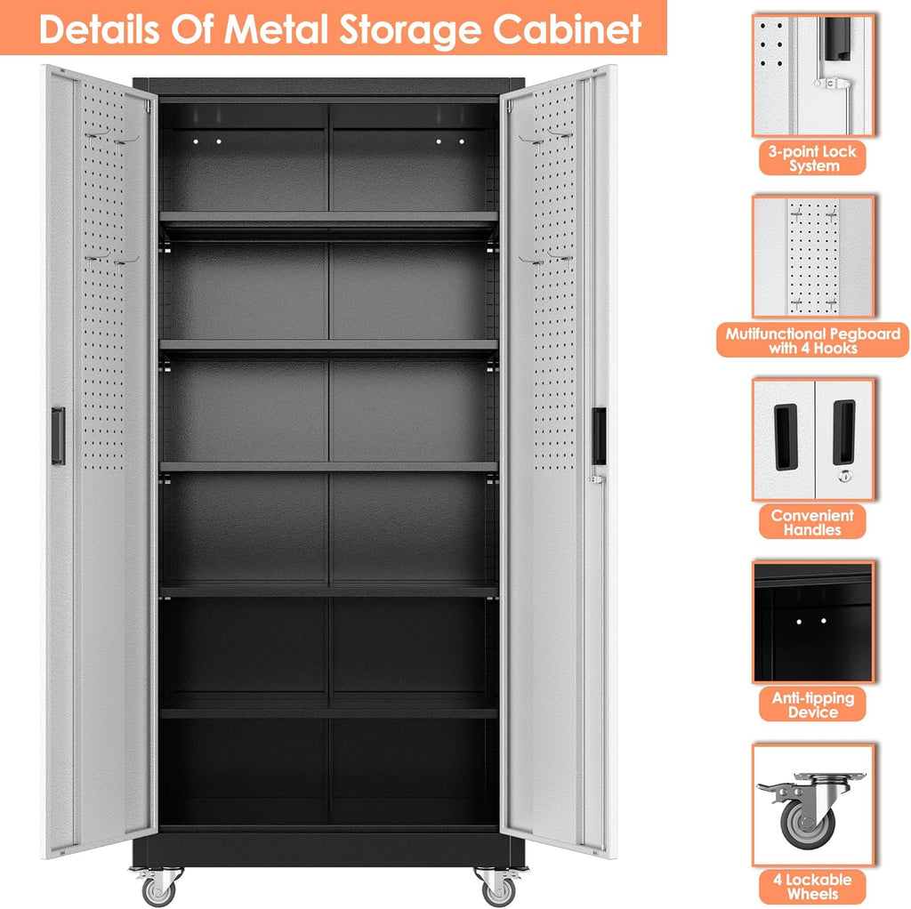 Aobabo Garage Metal Storage Cabinet with Wheels, 71" H×34" W×18" D Locking Steel Storage Cabinet with 5 Shelves and 4 Hooks, for Home Office, School, Assembly Required, Black Silver