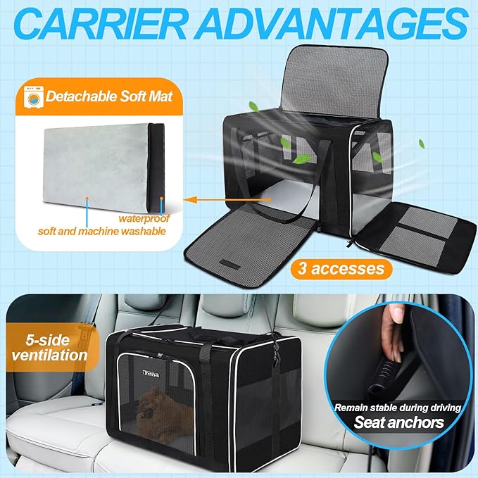 Petskd Extra Large Pet Carrier 24"x17"x17" for Large Cat or Medium Dog, Collapsible Soft Sided Dog cat Carrier for Long Trips with Lockable Safety Zippers(Black)