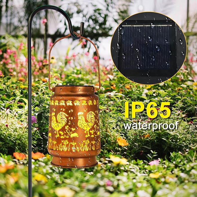 Solar Lanterns Outdoor Garden Decor,Chicken Gifts for Women, Mom, Grandma, Birthday, Thanksgiving, Decorative Waterproof Hanging Metal LED Light for Yard, Patio, Lawn, Landscape, Backyard (Rooster)