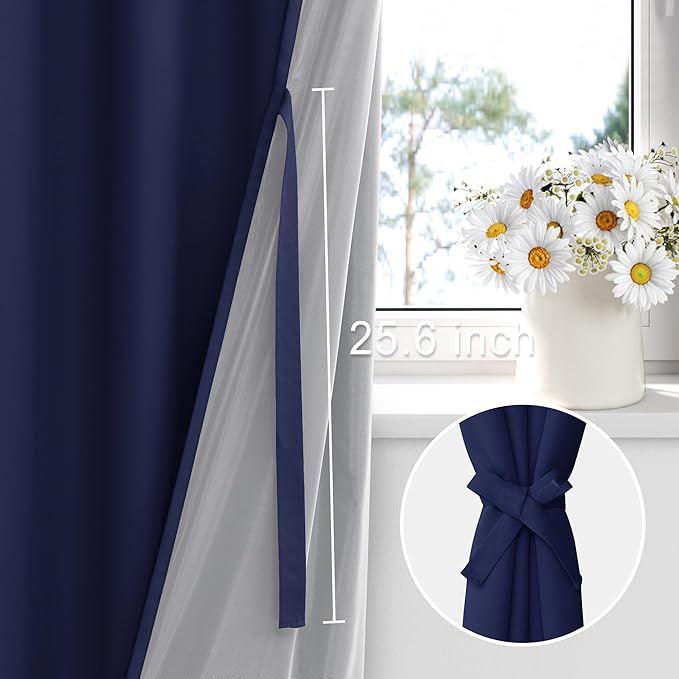 XWZO Full Shading Blackout Curtains 72 Inches Length - Heat and Light Blocking Rod Pocket Window Drapes with Black Liner Backing for Bedroom Sewn with Tiebacks, Navy Blue, W42 x L72, Set of 2
