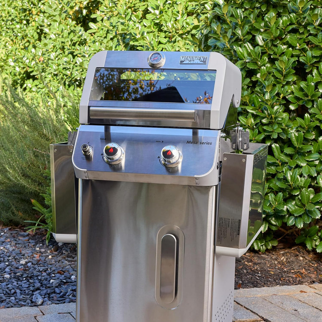 Monument Grills 2-Burner Stainless Steel Liquid Propane Gas Grill, Two Foldable Shelves Patio Garden Barbecue Grill with Clearview® Lid, Knob Control Mesa200S