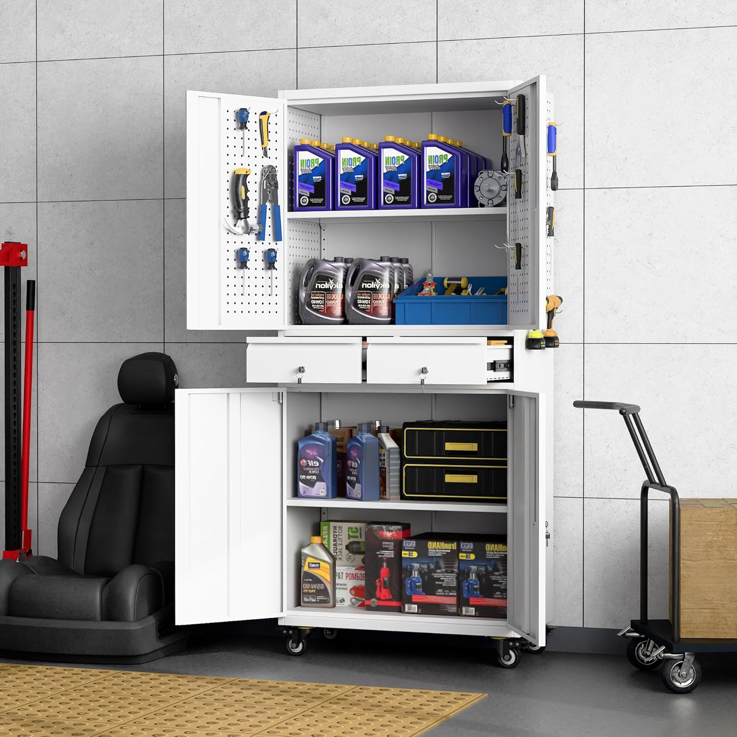 Aobabo Metal Storage Cabinet with 2 Locking Drawer and Pegboard, Steel Rolling Tool Cabinet with 8 Hooks and 2 Adjustable Shelves for Garage, Home, Office, Kitchen Assembly Required, White