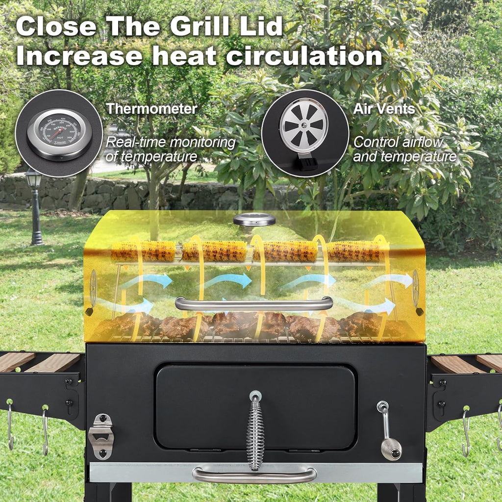 MELLCOM Charcoal Grill with Wood Foldable Side Table - 338 Sq.In BBQ Area with Individual Lifting Charcoal Trays & Thermometer, Movable Charcoal Grill for Outdoor Patio, Garden and Backyard