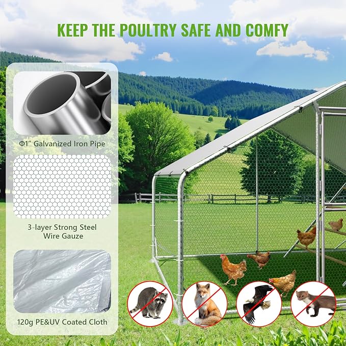 Large Metal Chicken Coop, 10x6.5x6.5FT Chicken Runs for Yard with Cover,
