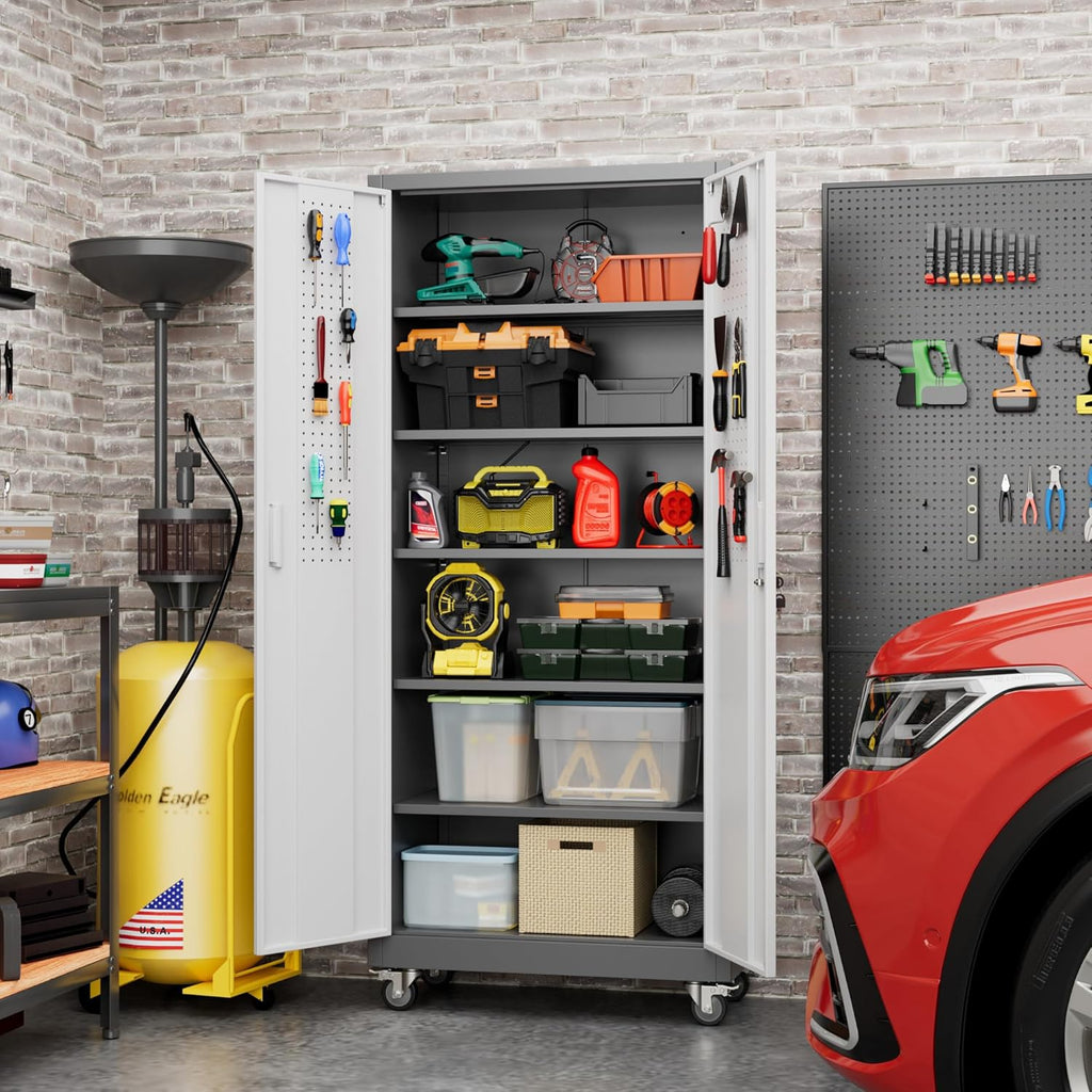 Metal Garage Storage Cabinet with Wheels & Pegboard, Lockable Metal Storage Cabinets with 2 Doors&5 Adjustable Shelves for Garage&Home,Assembly Required,Gray White 71''H x32''W x16''D